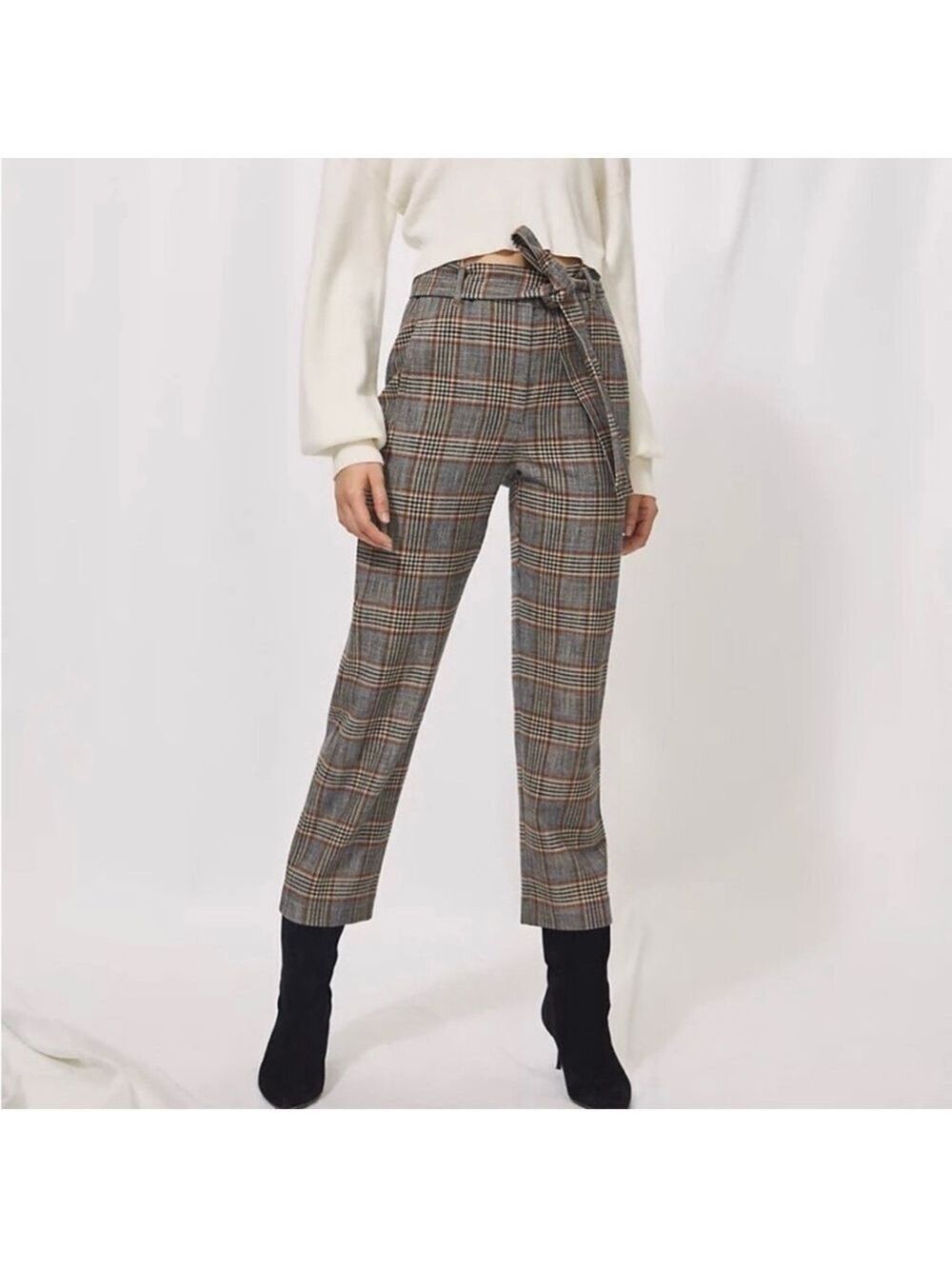 Wilfred New Tie-Front Check Pant Size 8 Aritzia Plaid Grey Brown Multi